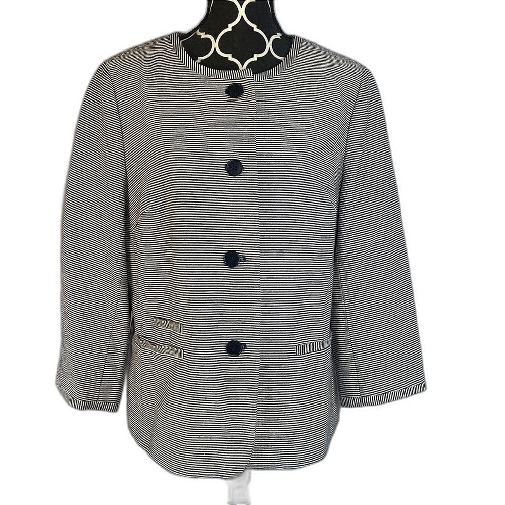 Talbots Blazer Jacket Striped Collarless Cotton Blend Navy White Career Size 16